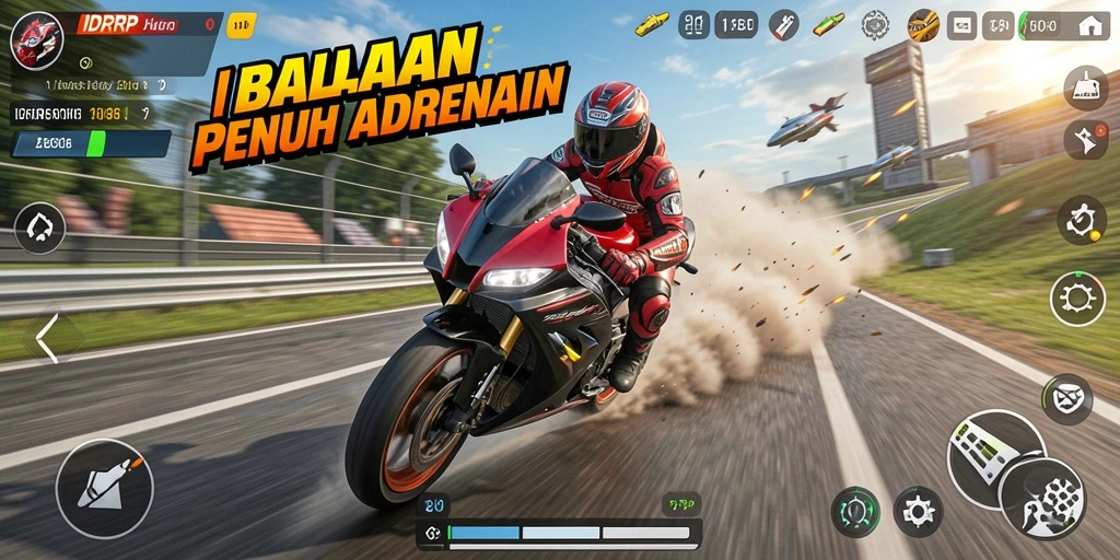 Tampilan gameplay balapan motor yang seru dan menegangkan.
