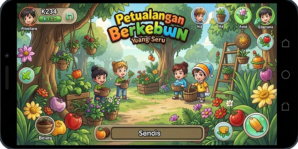 Screenshot gameplay K234 dengan suasana kebun yang indah.