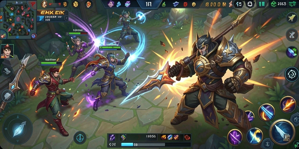 Screenshot gameplay menunjukkan aksi pertempuran karakter MOBA.