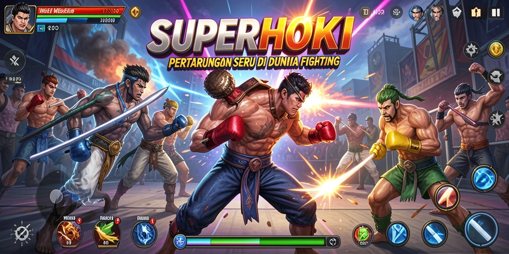 Screenshot dari gameplay SUPERHOKI yang menunjukkan pertarungan mendebarkan.