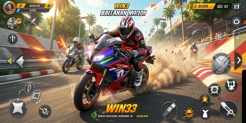 Screenshot gameplay WIN33 yang menampilkan aksi balapan motor yang seru.
